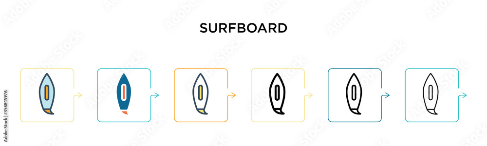 Surfboard vector icon in 6 different modern styles. Black, two colored surfboard icons designed in filled, outline, line and stroke style. Vector illustration can be used for web, mobile, ui Surfboard vector icon in 6 different modern styles. Black, two colored surfboard icons designed in filled, outline, line and stroke style. Vector illustration can be used for web, mobile, ui
