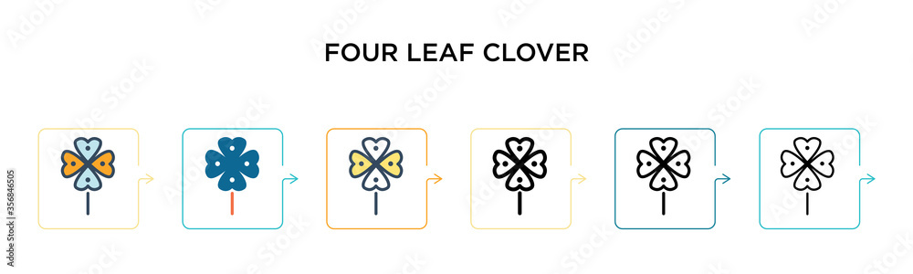 Four leaf clover vector icon in 6 different modern styles. Black, two colored four leaf clover icons designed in filled, outline, line and stroke style. Vector illustration can be used for web, Four leaf clover vector icon in 6 different modern styles. Black, two colored four leaf clover icons designed in filled, outline, line and stroke style. Vector illustration can be used for web,