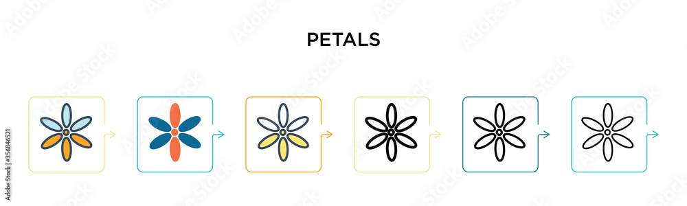 Petals vector icon in 6 different modern styles. Black, two colored petals icons designed in filled, outline, line and stroke style. Vector illustration can be used for web, mobile, ui Petals vector icon in 6 different modern styles. Black, two colored petals icons designed in filled, outline, line and stroke style. Vector illustration can be used for web, mobile, ui