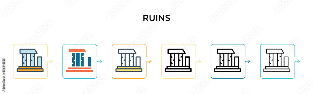 Ruins vector icon in 6 different modern styles. Black, two colored ruins icons designed in filled, outline, line and stroke style. Vector illustration can be used for web, mobile, ui Ruins vector icon in 6 different modern styles. Black, two colored ruins icons designed in filled, outline, line and stroke style. Vector illustration can be used for web, mobile, ui