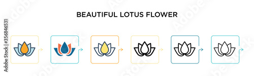 Beautiful lotus flower vector icon in 6 different modern styles. Black, two colored beautiful lotus flower icons designed in filled, outline, line and stroke style. Vector illustration can be used for