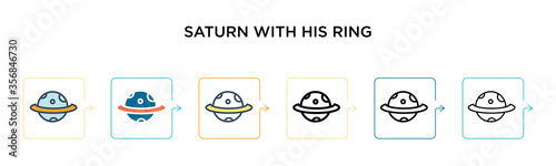 Saturn with his ring vector icon in 6 different modern styles. Black, two colored saturn with his ring icons designed in filled, outline, line and stroke style. Vector illustration can be used for