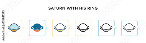 Saturn with his ring vector icon in 6 different modern styles. Black, two colored saturn with his ring icons designed in filled, outline, line and stroke style. Vector illustration can be used for