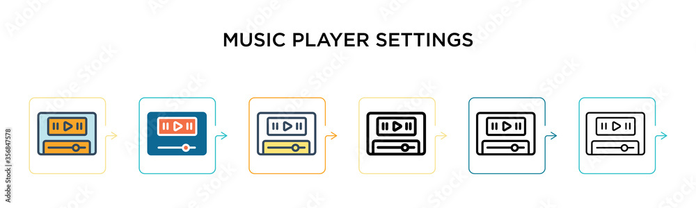 Music player settings vector icon in 6 different modern styles. Black, two colored music player settings icons designed in filled, outline, line and stroke style. Vector illustration can be used for Music player settings vector icon in 6 different modern styles. Black, two colored music player settings icons designed in filled, outline, line and stroke style. Vector illustration can be used for