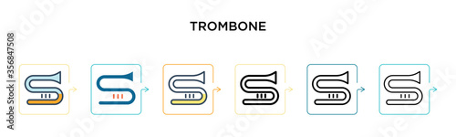 Trombone vector icon in 6 different modern styles. Black, two colored trombone icons designed in filled, outline, line and stroke style. Vector illustration can be used for web, mobile, ui