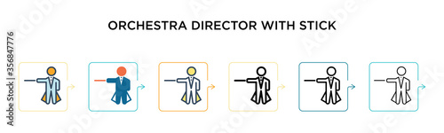 Orchestra director with stick vector icon in 6 different modern styles. Black, two colored orchestra director with stick icons designed in filled, outline, line and stroke style. Vector illustration