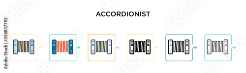 Accordionist vector icon in 6 different modern styles. Black, two colored accordionist icons designed in filled, outline, line and stroke style. Vector illustration can be used for web, mobile, ui