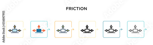 Friction vector icon in 6 different modern styles. Black, two colored friction icons designed in filled, outline, line and stroke style. Vector illustration can be used for web, mobile, ui