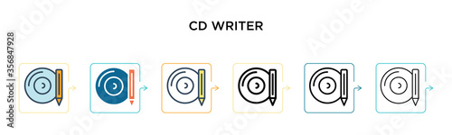 Cd writer vector icon in 6 different modern styles. Black, two colored cd writer icons designed in filled, outline, line and stroke style. Vector illustration can be used for web, mobile, ui