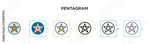 Pentagram vector icon in 6 different modern styles. Black, two colored pentagram icons designed in filled, outline, line and stroke style. Vector illustration can be used for web, mobile, ui