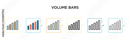 Volume bars vector icon in 6 different modern styles. Black, two colored volume bars icons designed in filled, outline, line and stroke style. Vector illustration can be used for web, mobile, ui