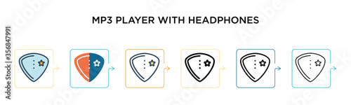 Mp3 player with headphones vector icon in 6 different modern styles. Black, two colored mp3 player with headphones icons designed in filled, outline, line and stroke style. Vector illustration can be
