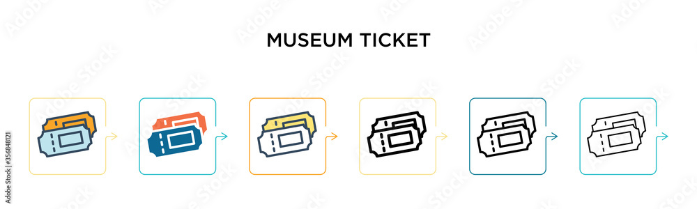 Museum ticket vector icon in 6 different modern styles. Black, two colored museum ticket icons designed in filled, outline, line and stroke style. Vector illustration can be used for web, mobile, ui Museum ticket vector icon in 6 different modern styles. Black, two colored museum ticket icons designed in filled, outline, line and stroke style. Vector illustration can be used for web, mobile, ui