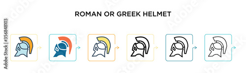 Roman or greek helmet vector icon in 6 different modern styles. Black, two colored roman or greek helmet icons designed in filled, outline, line and stroke style. Vector illustration can be used for