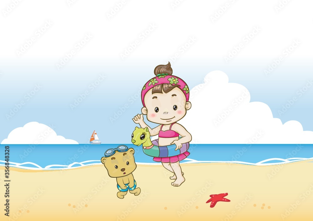 girl with swim tube and teddy