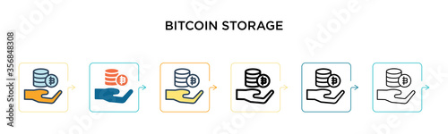 Bitcoin storage vector icon in 6 different modern styles. Black, two colored bitcoin storage icons designed in filled, outline, line and stroke style. Vector illustration can be used for web, mobile,