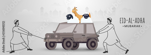 Cartoon Goat with Two Sheep Sit on Jeep Push by Line Art Muslim Men and Silhouette Mosque for Eid-Al-Adha Mubarak Celebration.