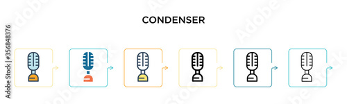 Condenser vector icon in 6 different modern styles. Black, two colored condenser icons designed in filled, outline, line and stroke style. Vector illustration can be used for web, mobile, ui