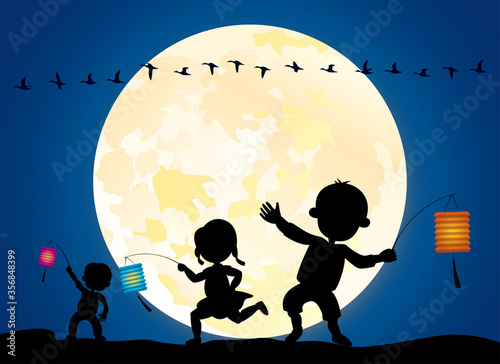 Kids playing lantern under moonlight vector silhouette illustration celebrating Mid-Autumn festival