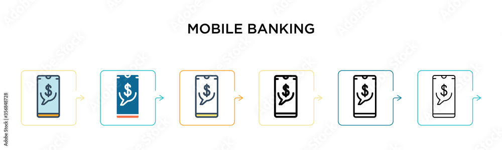 Mobile banking vector icon in 6 different modern styles. Black, two colored mobile banking icons designed in filled, outline, line and stroke style. Vector illustration can be used for web, mobile, ui Mobile banking vector icon in 6 different modern styles. Black, two colored mobile banking icons designed in filled, outline, line and stroke style. Vector illustration can be used for web, mobile, ui