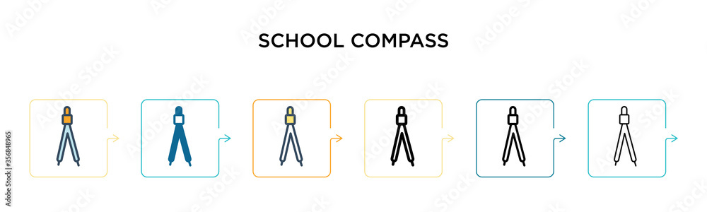 School compass vector icon in 6 different modern styles. Black, two colored school compass icons designed in filled, outline, line and stroke style. Vector illustration can be used for web, mobile, ui School compass vector icon in 6 different modern styles. Black, two colored school compass icons designed in filled, outline, line and stroke style. Vector illustration can be used for web, mobile, ui