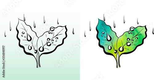 Vector illustration of leaves and raindrops. It can be used to decorate icons and cards.