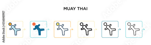 Muay thai vector icon in 6 different modern styles. Black, two colored muay thai icons designed in filled, outline, line and stroke style. Vector illustration can be used for web, mobile, ui