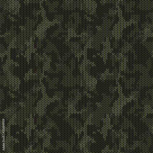 Stylish knitted military camo. Dark green khaki wool camouflage pattern . Seamless texture. Design for fabric printing. Vector background
