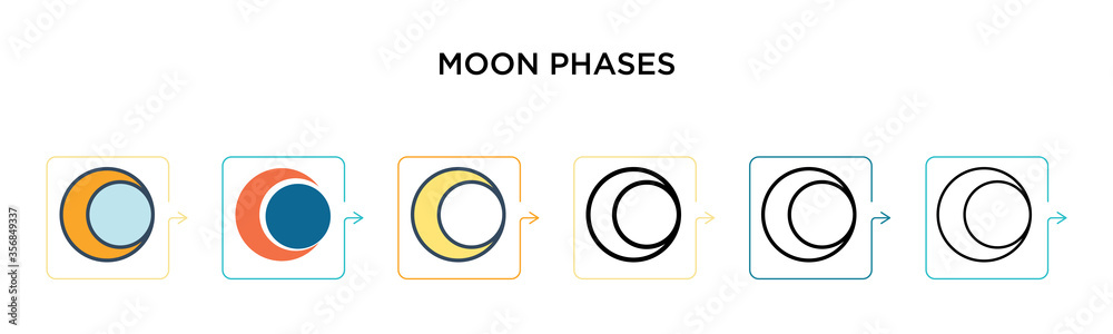 Moon phases vector icon in 6 different modern styles. Black, two colored moon phases icons designed in filled, outline, line and stroke style. Vector illustration can be used for web, mobile, ui Moon phases vector icon in 6 different modern styles. Black, two colored moon phases icons designed in filled, outline, line and stroke style. Vector illustration can be used for web, mobile, ui