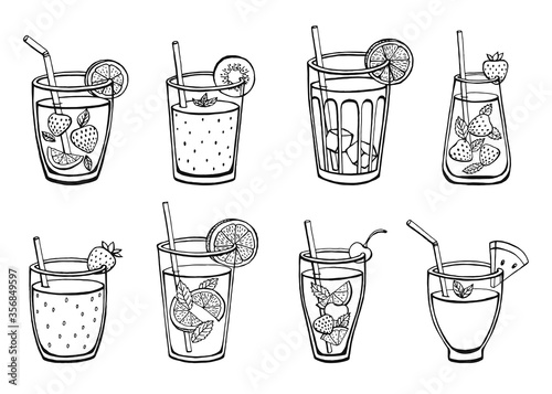 Set non-alcoholic summer drinks isolated on white background. Classic and strawberry lemonade, iced tea, mojito, watermelon  fresh, kiwi and strawberry smoothie. Menu vector images in sketch style.