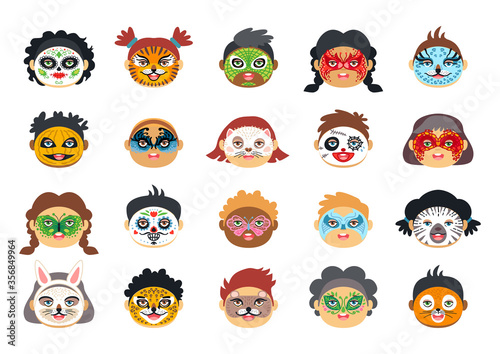 Kids face painting with various character drawings