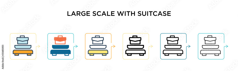 Large scale with suitcase vector icon in 6 different modern styles. Black, two colored large scale with suitcase icons designed in filled, outline, line and stroke style. Vector illustration can be Large scale with suitcase vector icon in 6 different modern styles. Black, two colored large scale with suitcase icons designed in filled, outline, line and stroke style. Vector illustration can be