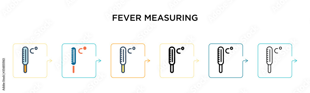 Fototapeta premium Fever measuring vector icon in 6 different modern styles. Black, two colored fever measuring icons designed in filled, outline, line and stroke style. Vector illustration can be used for web, mobile,
