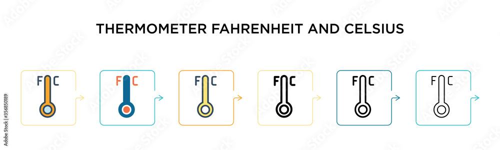 Thermometer fahrenheit and celsius vector icon in 6 different modern styles. Black, two colored thermometer fahrenheit and celsius icons designed in filled, outline, line and stroke style. Vector Thermometer fahrenheit and celsius vector icon in 6 different modern styles. Black, two colored thermometer fahrenheit and celsius icons designed in filled, outline, line and stroke style. Vector