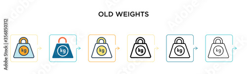 Old weights vector icon in 6 different modern styles. Black, two colored old weights icons designed in filled, outline, line and stroke style. Vector illustration can be used for web, mobile, ui