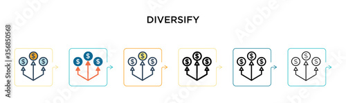 Diversify vector icon in 6 different modern styles. Black, two colored diversify icons designed in filled, outline, line and stroke style. Vector illustration can be used for web, mobile, ui