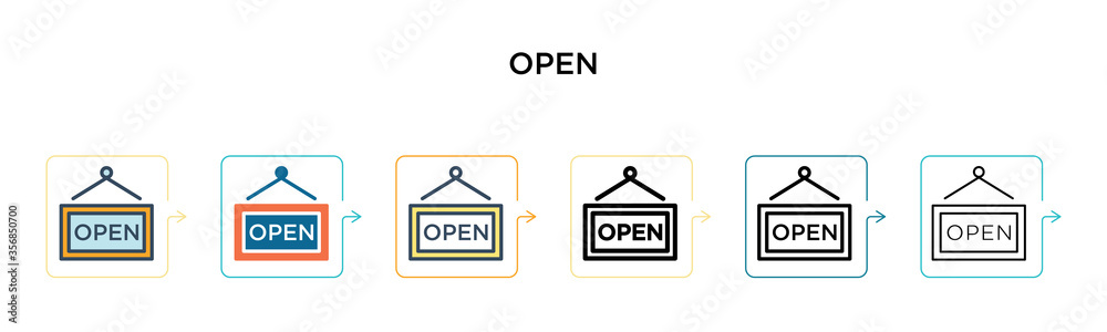 Open sign vector icon in 6 different modern styles. Black, two colored open sign icons designed in filled, outline, line and stroke style. Vector illustration can be used for web, mobile, ui