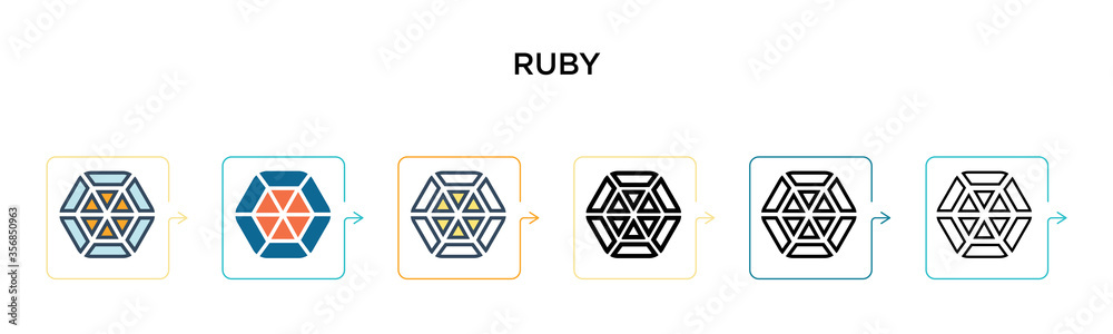 Ruby vector icon in 6 different modern styles. Black, two colored ruby icons designed in filled, outline, line and stroke style. Vector illustration can be used for web, mobile, ui Ruby vector icon in 6 different modern styles. Black, two colored ruby icons designed in filled, outline, line and stroke style. Vector illustration can be used for web, mobile, ui
