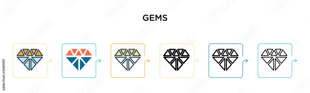 Gems vector icon in 6 different modern styles. Black, two colored gems icons designed in filled, outline, line and stroke style. Vector illustration can be used for web, mobile, ui Gems vector icon in 6 different modern styles. Black, two colored gems icons designed in filled, outline, line and stroke style. Vector illustration can be used for web, mobile, ui