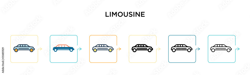 Limousine vector icon in 6 different modern styles. Black, two colored limousine icons designed in filled, outline, line and stroke style. Vector illustration can be used for web, mobile, ui Limousine vector icon in 6 different modern styles. Black, two colored limousine icons designed in filled, outline, line and stroke style. Vector illustration can be used for web, mobile, ui