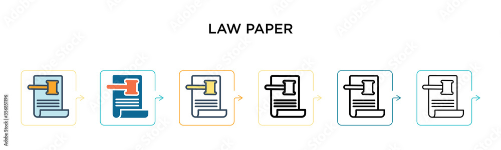 Law paper vector icon in 6 different modern styles. Black, two colored law paper icons designed in filled, outline, line and stroke style. Vector illustration can be used for web, mobile, ui