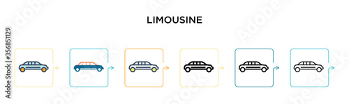 Limousine vector icon in 6 different modern styles. Black, two colored limousine icons designed in filled, outline, line and stroke style. Vector illustration can be used for web, mobile, ui