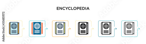 Encyclopedia vector icon in 6 different modern styles. Black, two colored encyclopedia icons designed in filled, outline, line and stroke style. Vector illustration can be used for web, mobile, ui