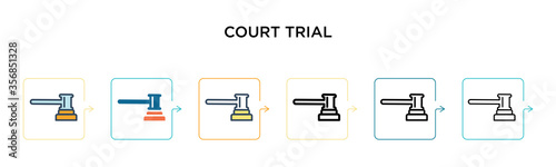Court trial vector icon in 6 different modern styles. Black, two colored court trial icons designed in filled, outline, line and stroke style. Vector illustration can be used for web, mobile, ui