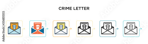 Crime letter vector icon in 6 different modern styles. Black, two colored crime letter icons designed in filled, outline, line and stroke style. Vector illustration can be used for web, mobile, ui