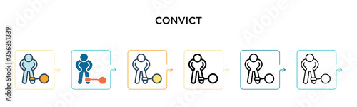 Convict vector icon in 6 different modern styles. Black, two colored convict icons designed in filled, outline, line and stroke style. Vector illustration can be used for web, mobile, ui