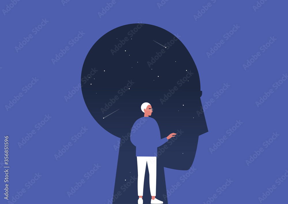 Obraz premium Psychoanalysis, young male character studying their own subconscious, stars and comets inside a dark silhouette