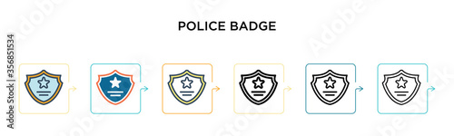 Police badge vector icon in 6 different modern styles. Black, two colored police badge icons designed in filled, outline, line and stroke style. Vector illustration can be used for web, mobile, ui