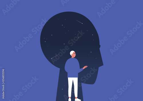 Psychoanalysis, young male character studying their own subconscious, stars and comets inside a dark silhouette