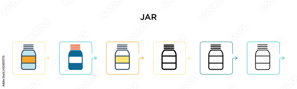 Jar vector icon in 6 different modern styles. Black, two colored jar icons designed in filled, outline, line and stroke style. Vector illustration can be used for web, mobile, ui